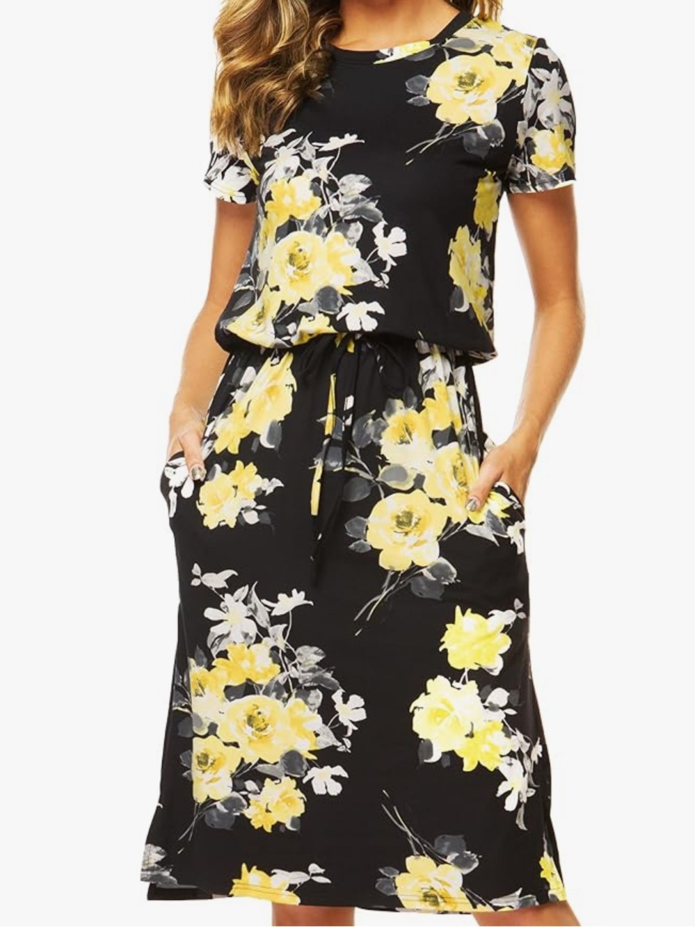 Black Floral Short Sleeve Midi Dress with Pockets